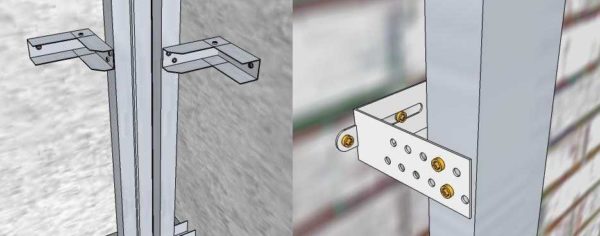 Два способа крепления реечных профилей к стене: с помощью перфорированного подвеса и отрезка профиля